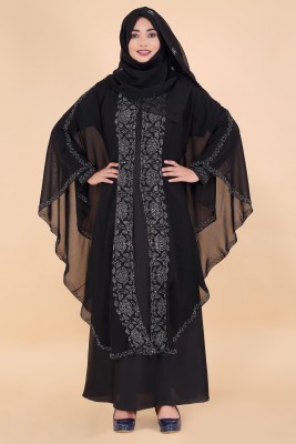 Dubai Collection Nida Matte, Georgette Self Design Abaya With Hijab(Black)