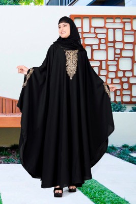 AMBAJI FASHION Crepe Solid Abaya With Hijab(Black)