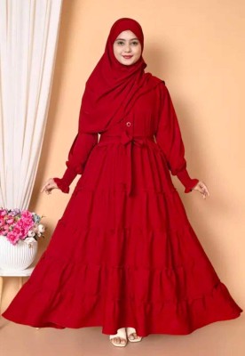 Paradise Cotton Blend Solid Abaya With Hijab(Maroon)