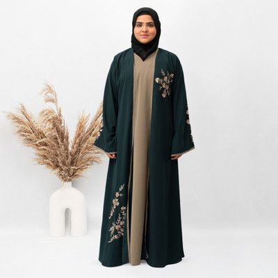 MODEST CITY Crepe Self Design Abaya With Hijab(Green)