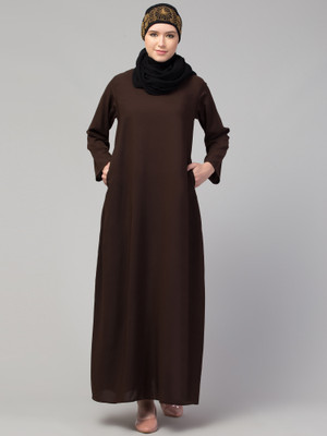 HIJAB WORLD Nida Matte Solid Abaya(Brown)