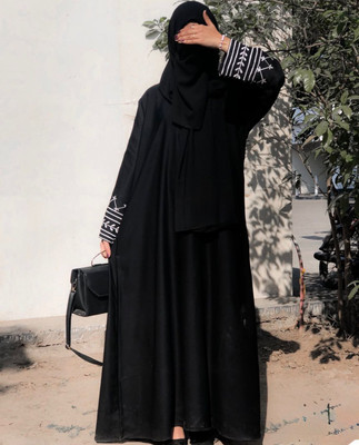 Firduas Cotton Blend Self Design Burqa With Hijab(Black, White)
