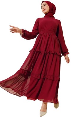 barakath Georgette Solid Abaya With Hijab(Maroon)