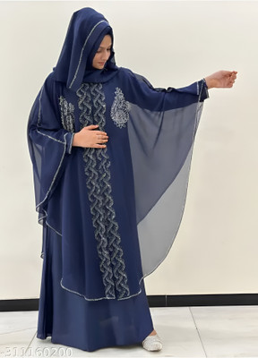 Nishat Enterprises Cotton Blend Solid Abaya With Hijab(Blue)