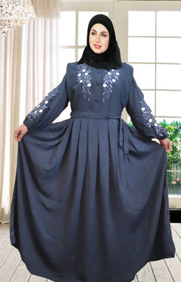 Buraque Designer Polyester Solid Abaya With Hijab(Grey)