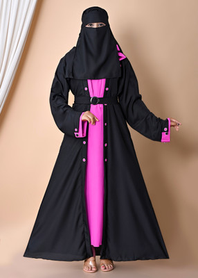 Unique Creation Cotton Blend Solid Abaya With Hijab(Pink, Black)
