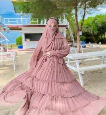 Queen hijab Georgette Solid Burqa With Hijab(Pink)