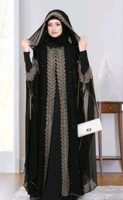 Emaan Outfit Nida Matte, Cotton Blend, Kashibo, Polyester Solid Abaya With Hijab(Black)