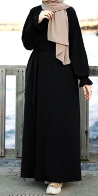 black rose Cotton Blend Self Design, Solid Abaya With Hijab(Black)