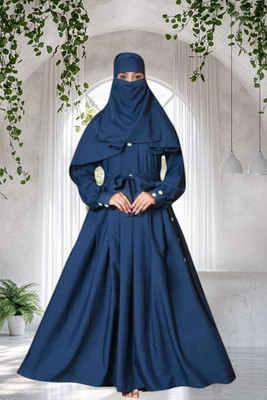 Alfiya Cotton Blend Self Design Abaya With Hijab(Blue)