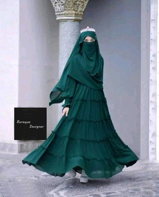 Buraque Designer Polyester Abaya With Hijab(Green)