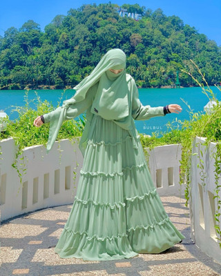 black rose Polyester Solid, Self Design Abaya With Hijab(Green)