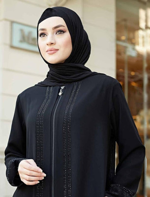 Buraque Designer Nida Matte Solid Abaya With Hijab(Black)