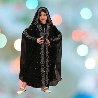 HijabBeauty Georgette Self Design Burqa With Hijab(Black)