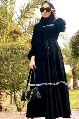 Buraque Designer Polyester Self Design Abaya With Hijab(Black)