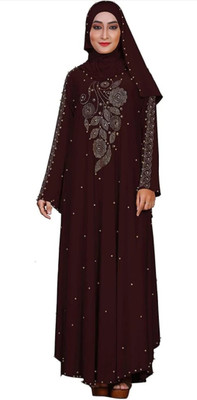 black rose Polyester Solid, Self Design Abaya With Hijab(Brown)