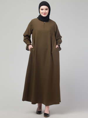 HIJAB WORLD Nida Matte Solid Abaya(Brown)