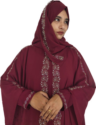 Yuhan Enterprises Silk Blend Self Design Burqa With Hijab(Maroon)