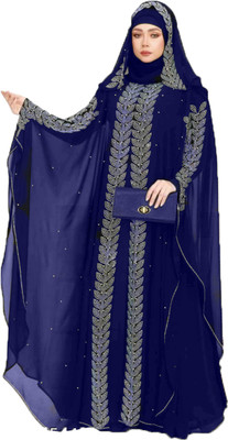 Buraque Designer Polyester Printed Abaya With Hijab(Blue)