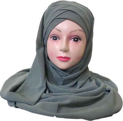 SHRA Georgette Solid Abaya With Hijab(Grey)