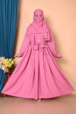 HrCollection Cotton Silk Solid Abaya With Hijab(Pink)
