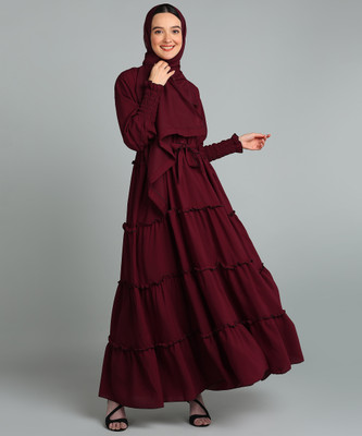 BROKE BRAND Nida Matte Solid Abaya With Hijab(Maroon)