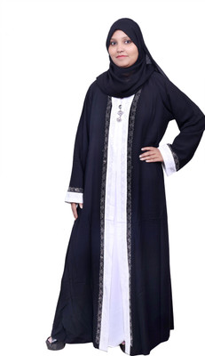 AHLCREATION Crepe Solid Abaya With Hijab(White, Black)