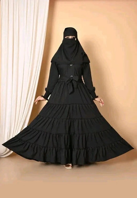 AFIYAH Cotton Blend Solid Abaya With Hijab(Black)
