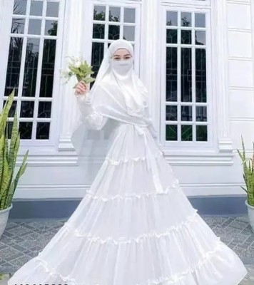 Unique Creation Cotton Blend Solid Abaya With Hijab(White)