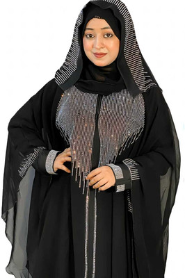 InayaAbaya Cotton Blend Self Design Abaya With Hijab(Black)