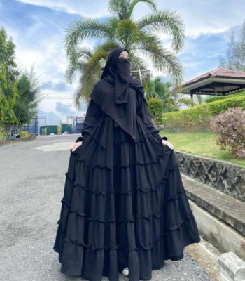 HOC Cotton Blend Solid Abaya With Hijab(Black)