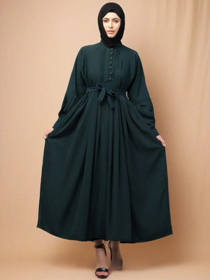 Zaafashion Crepe Solid Abaya With Hijab(Green)