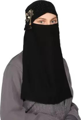 Glamorl Georgette Solid, Self Design Naqab(Black, Brown)