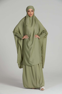 MODEST CITY Crepe Self Design Abaya With Hijab(Green)