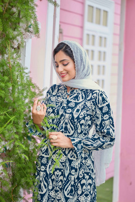 SARINKU Cotton Blend Self Design Abaya(Blue)