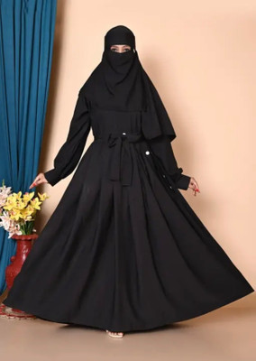 TheGoodShop Cotton Blend Solid Abaya With Hijab(Black)