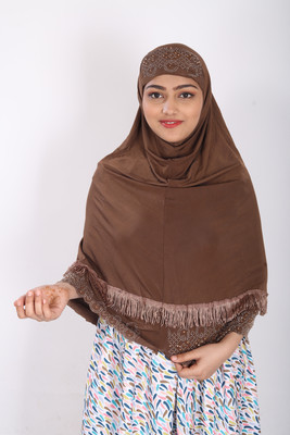 TEXNOVA Polyester Self Design Abaya With Hijab(Brown)
