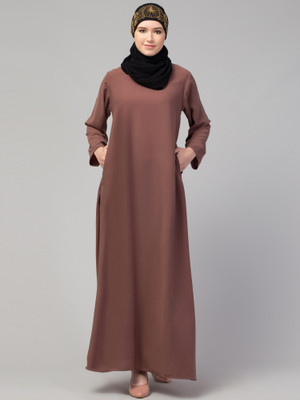 HIJAB WORLD Nida Matte Solid Abaya(Brown)