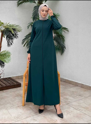 AayatAbaya Cotton Blend Self Design Abaya With Hijab(Green)