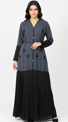 maabaya Nida Matte, Polycotton Geometric Print, Solid Abaya With Hijab(Black, Grey)
