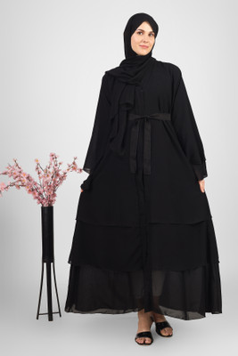 ovais abaya collection Chiffon Solid Abaya With Hijab(Black)
