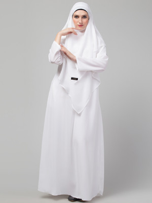 HIJAB WORLD Nida Matte Solid Abaya With Hijab(White)