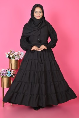 Ahil Dresses Cotton Silk Solid Abaya With Hijab(Black)