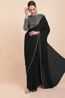 JAHANVI FASHION Solid/Plain Bollywood Satin Saree(Black)