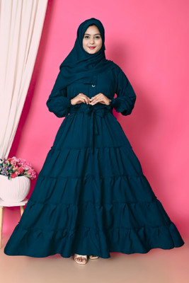 HrCollection Cotton Silk Solid Abaya With Hijab(Blue)