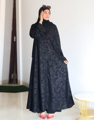 Buraque Designer Polyester Printed Abaya With Hijab(Black)