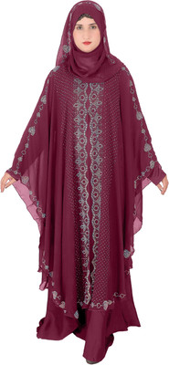 Sanjari Polyester Houndstooth Abaya With Hijab(Maroon)