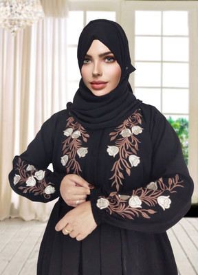 Har Women Clothing Silk Blend Self Design Abaya With Hijab(Black)