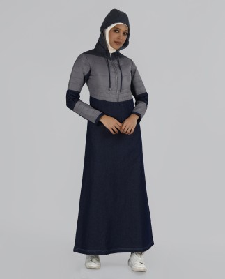 SILK ROUTE London Cotton Blend Solid Abaya(Blue)