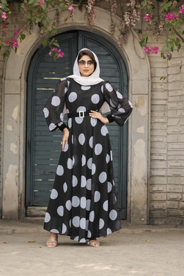 SARINKU Georgette Polka Print Abaya With Hijab(Black)